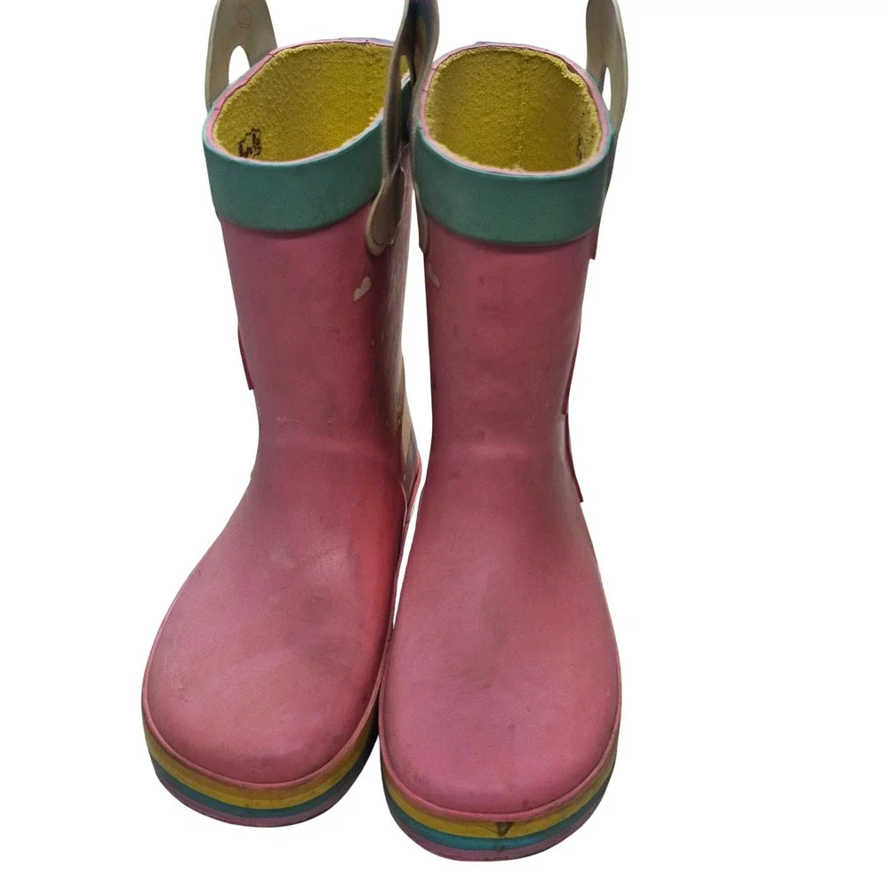 Peppa Pig Kids Pink Rainbow Rain Boots Waterproof Pull On Size 9-10